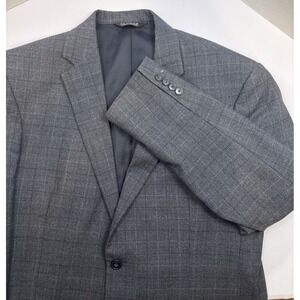 JOS A BANK Traveler Sport Coat Blazer Men's 42R-44 Navy Blue Plaid Wool 2 Button